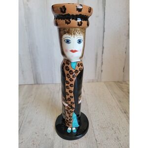 Susan Paley Lydia brown leopard coat candlestick holder Xmas ceramic home